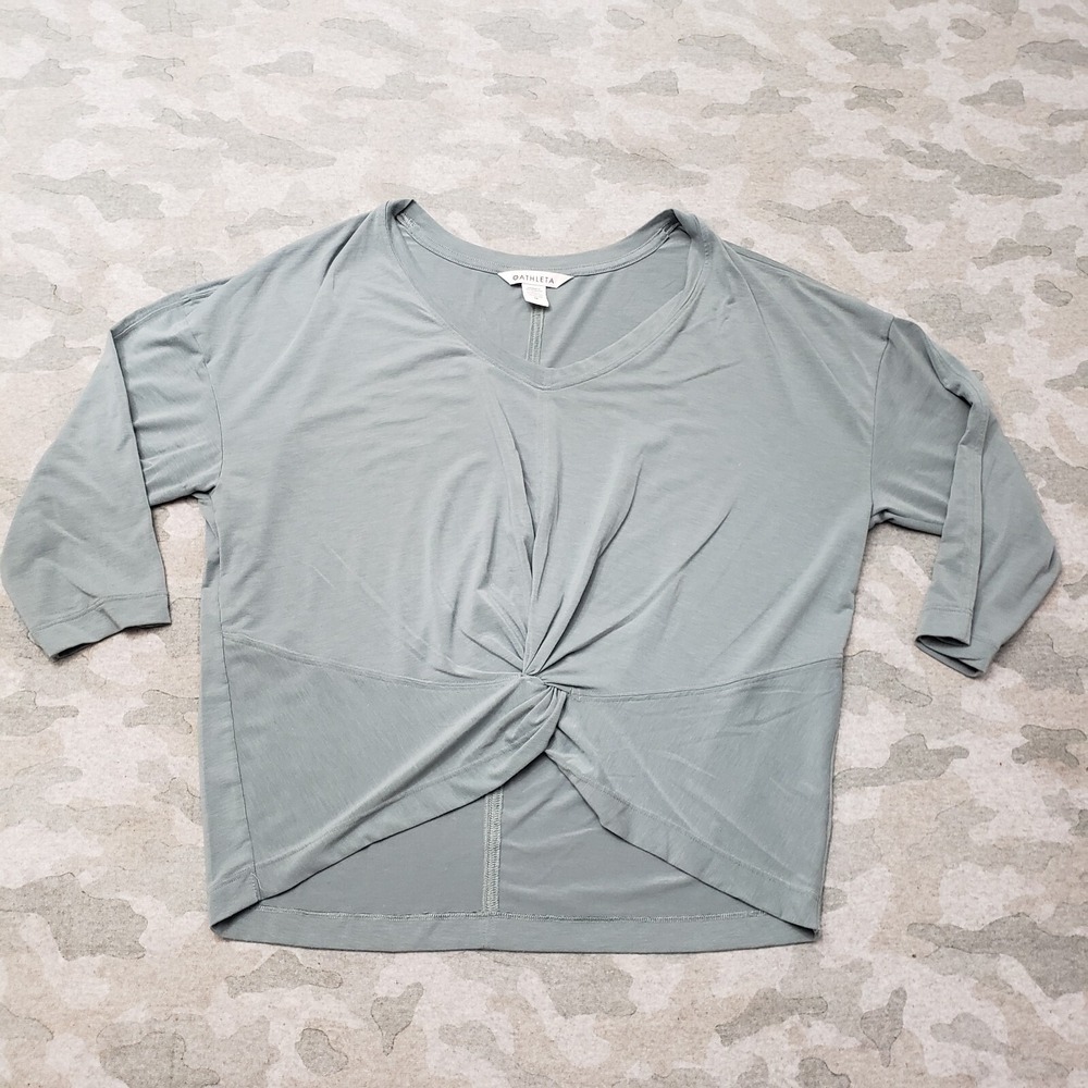 Athleta Top Womens Medium Green V-Neck 3/4 Sleeve